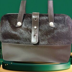 Furla Black Calf Hair & Leather Satchel Tote Bag Top Handle Handbag